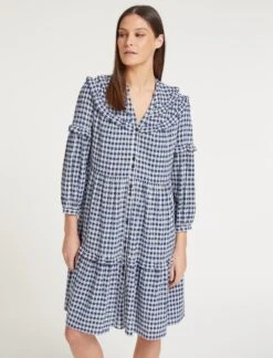 Suki Organic Cotton Seersucker Midi Dress - Blue White Check -Cheap Closet Curation Store SU23 D512 SUKI BLUEWHITECHECK LS 58319