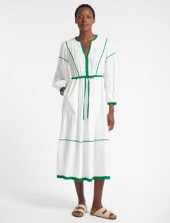 Salone Linen Blend Maxi Dress - White Emerald Green -Cheap Closet Curation Store SU23 D522 SALONE WHITE EMERALD GREEN LS 3523