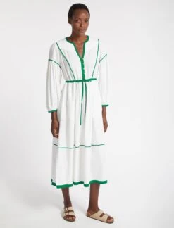 Salone Linen Blend Maxi Dress - White Emerald Green -Cheap Closet Curation Store SU23 D522 SALONE WHITE EMERALD GREEN LS 3528