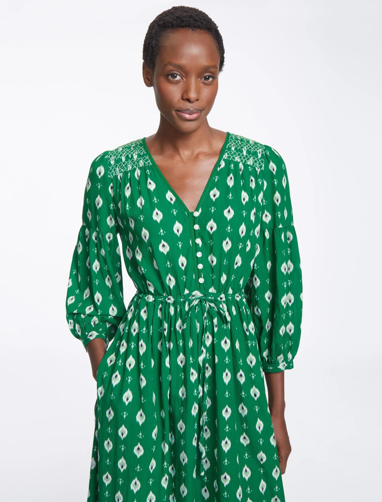 Yula Cotton Maxi Dress- Green Ikat Print 5 Yula Cotton Maxi Dress- Green Ikat Print - Image 3