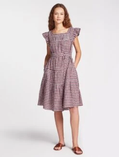 Maisie Organic Cotton Seersucker Midi Dress - Red White Check