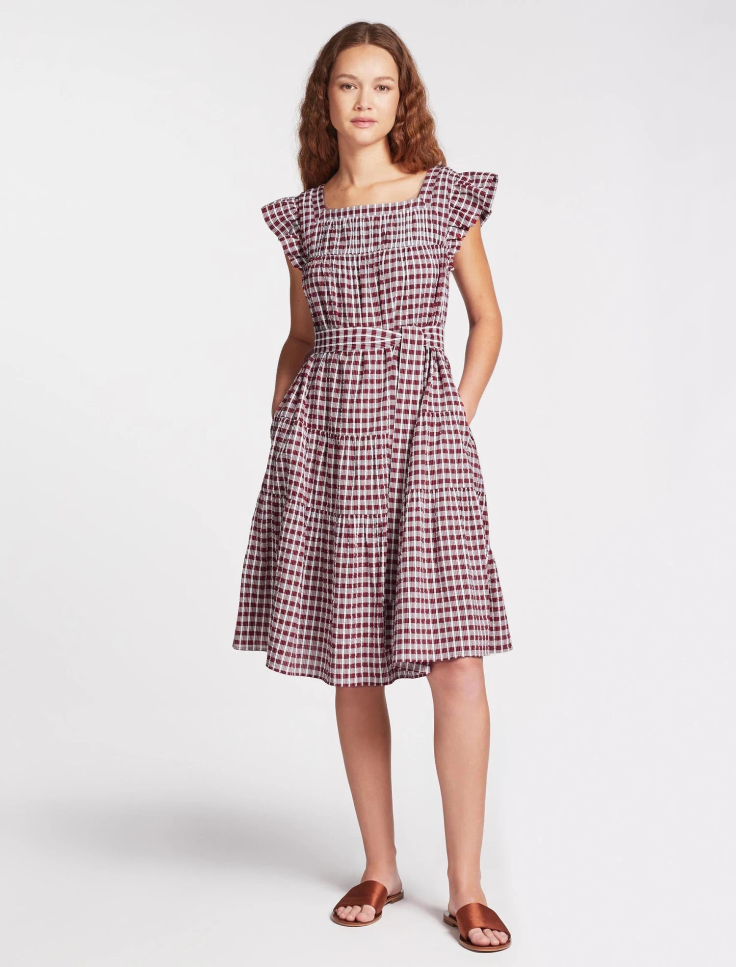 Maisie Organic Cotton Seersucker Midi Dress - Red White Check 3 Maisie Organic Cotton Seersucker Midi Dress - Red White Check