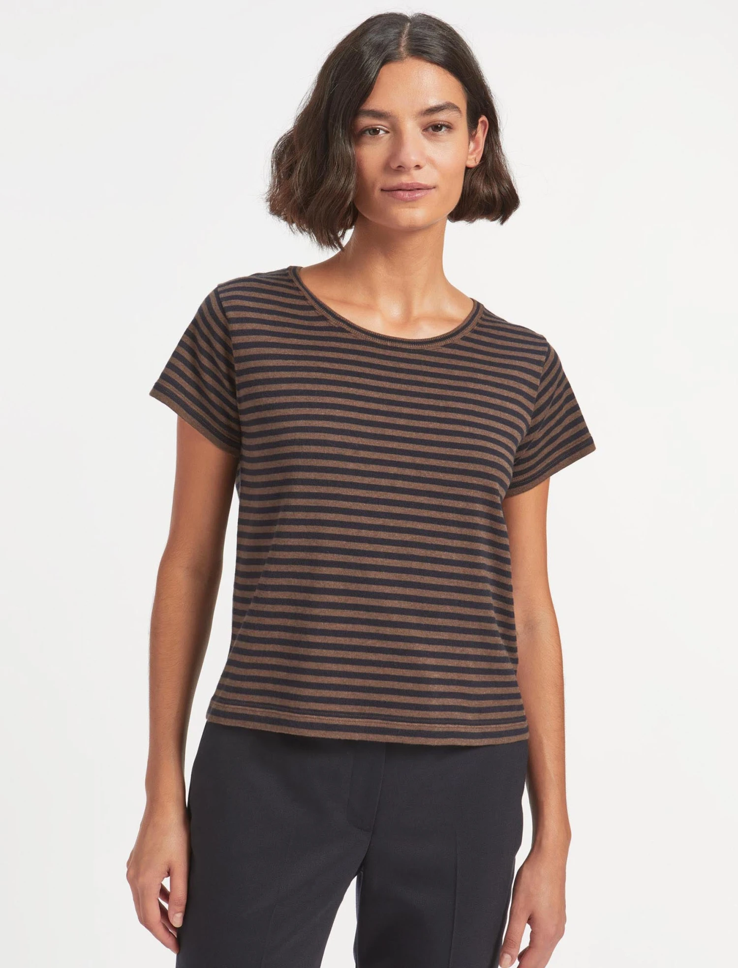 Madison Cotton Silk Blend Round Neck T-Shirt - Brown Navy Stripe 3 Madison Cotton Silk Blend Round Neck T-Shirt - Brown Navy Stripe