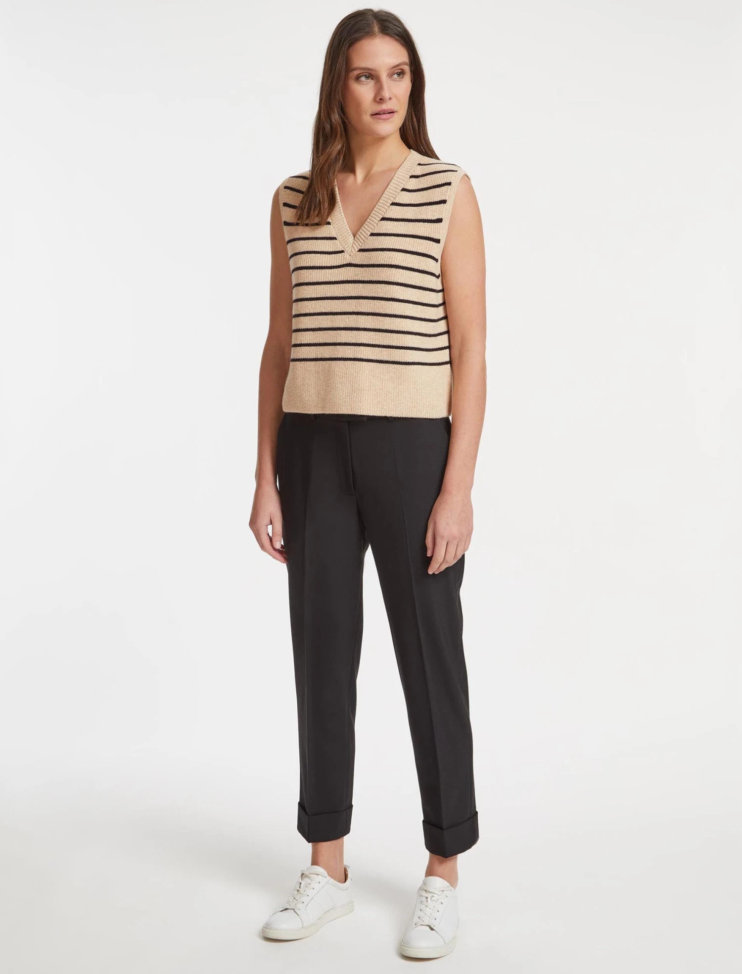 Julie Cotton V Neck Layering Sleeveless Jumper - Sand Black Stripe 4 Julie Cotton V Neck Layering Sleeveless Jumper - Sand Black Stripe - Image 2