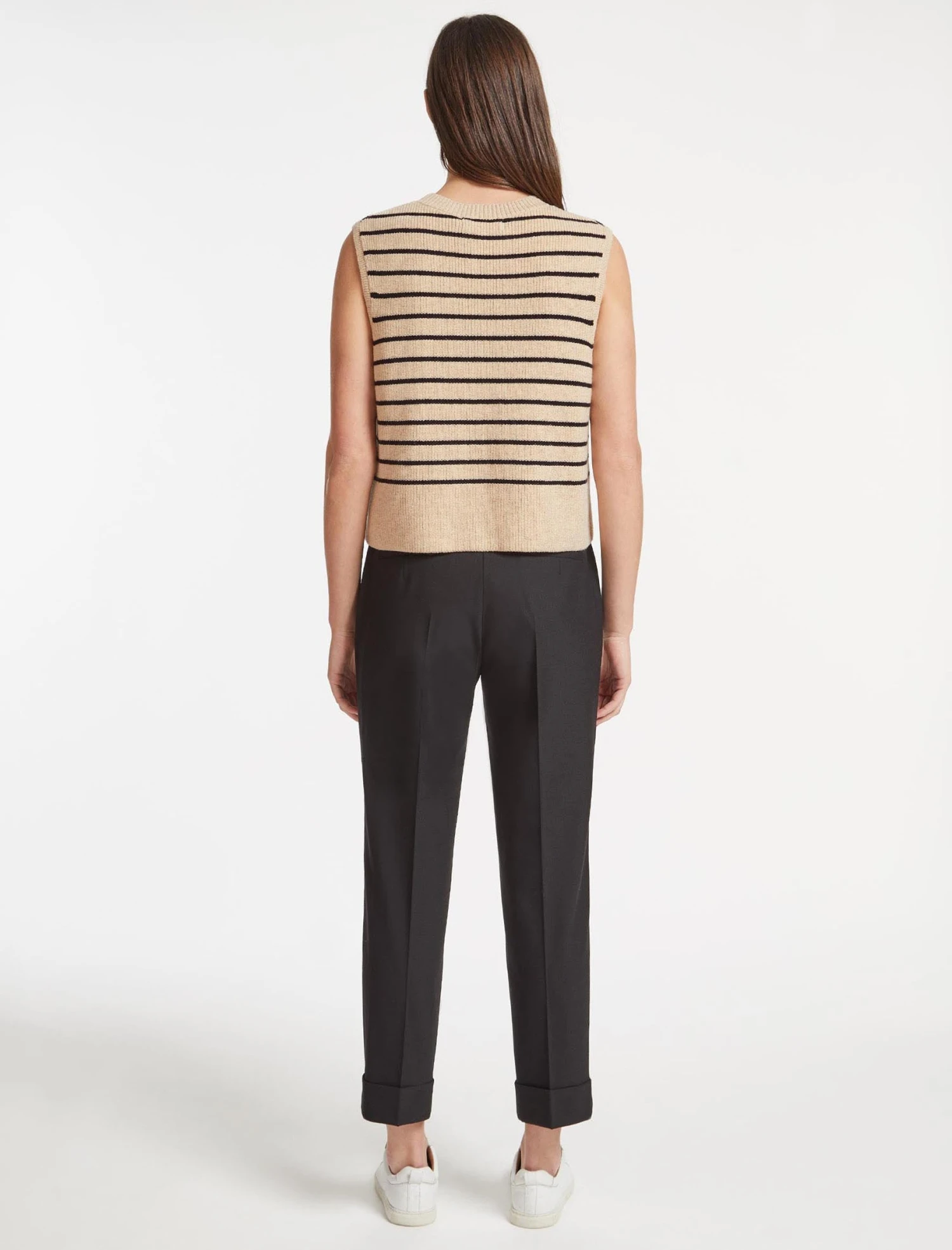 Julie Cotton V Neck Layering Sleeveless Jumper - Sand Black Stripe 7 Julie Cotton V Neck Layering Sleeveless Jumper - Sand Black Stripe - Image 5