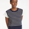 Julie Cotton Round Neck Sleeveless Jumper - Navy White Stripe