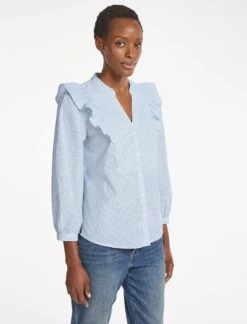 Dixie Organic Cotton V Neck Shirt - Mid Blue White Stripe -Cheap Closet Curation Store SU23 S77 DIXIE MIDBLUEWHITESTRIPE LS 910