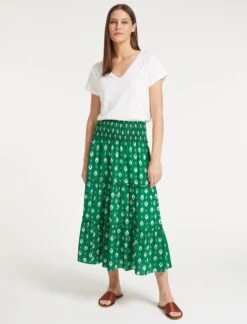 Kira Cotton Maxi Skirt - Green Ikat Print