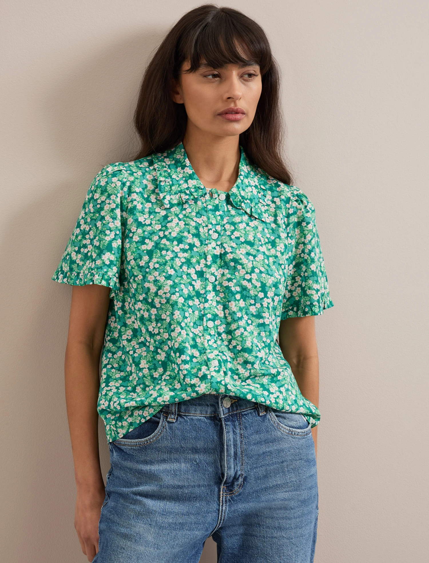 Pippi Cotton Blend Blouse - Mid Green Blossom Print 5 Pippi Cotton Blend Blouse - Mid Green Blossom Print - Image 3