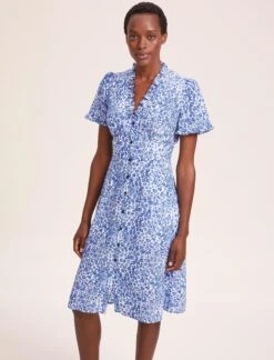 Tabby Silk Tea Dress - Blue Leopard Pansy Print -Cheap Closet Curation Store SU24 D519 TABBY BLUELEOPARDPANSYPRINT LS 39778