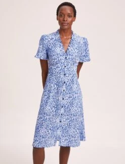 Tabby Silk Tea Dress - Blue Leopard Pansy Print -Cheap Closet Curation Store SU24 D519 TABBY BLUELEOPARDPANSYPRINT LS 39785