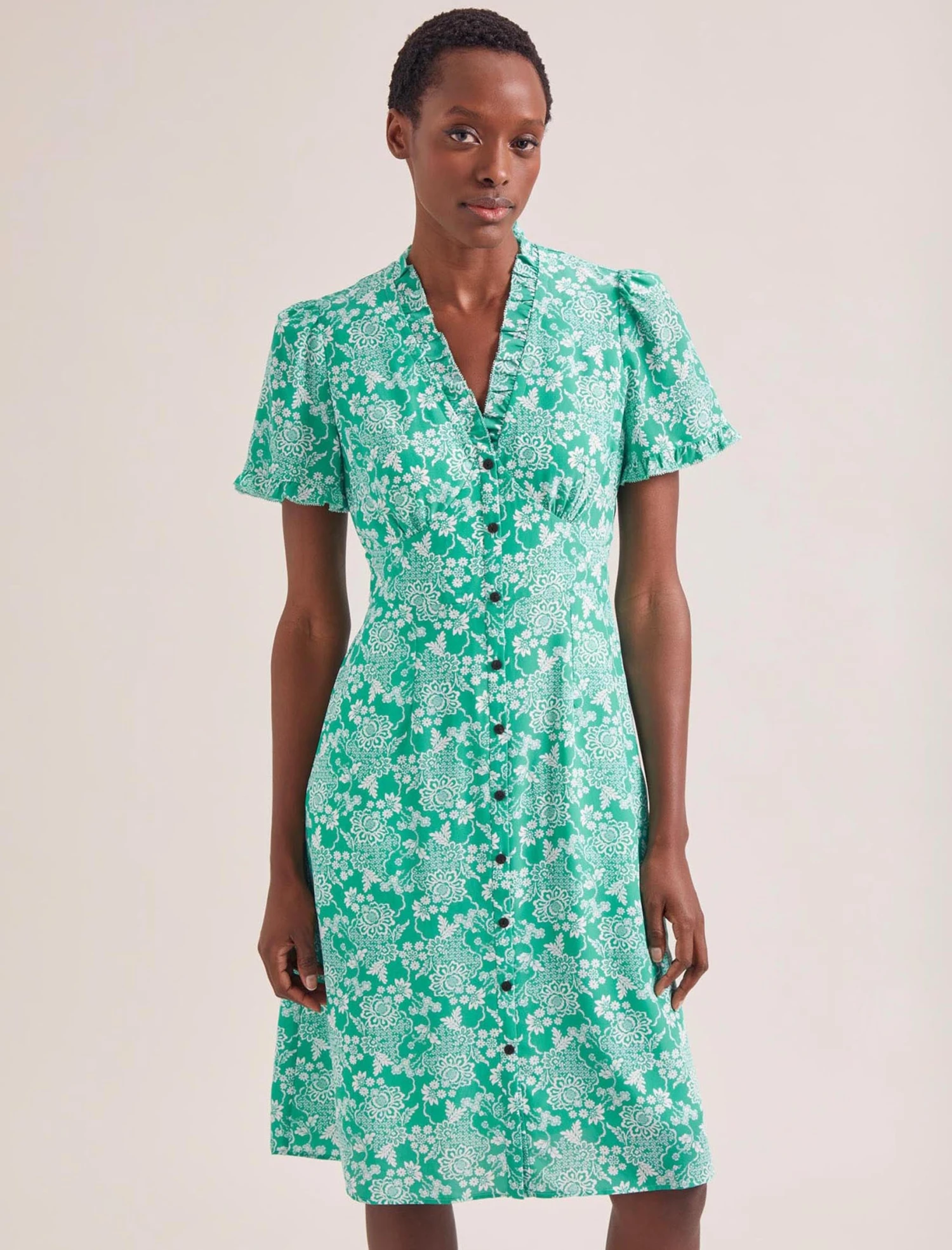 Tabby Silk Tea Dress - Green Damask Print 6 Tabby Silk Tea Dress - Green Damask Print - Image 4