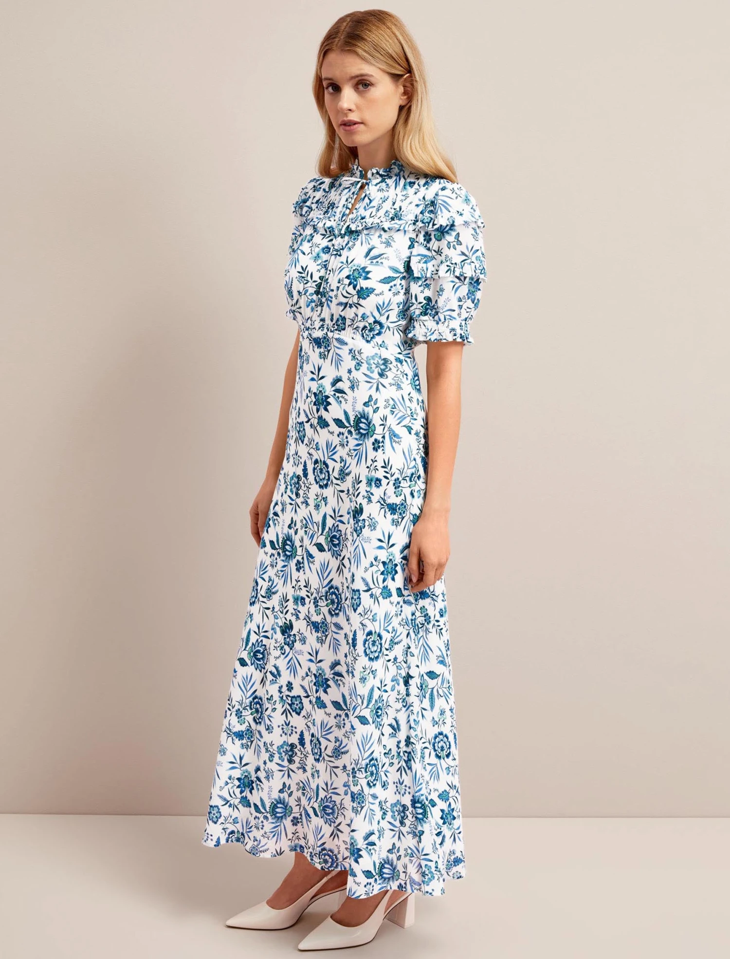Viola Cotton Blend Bias Cut Maxi Dress - White Blue Palm Floral 8 Viola Cotton Blend Bias Cut Maxi Dress - White Blue Palm Floral - Image 6