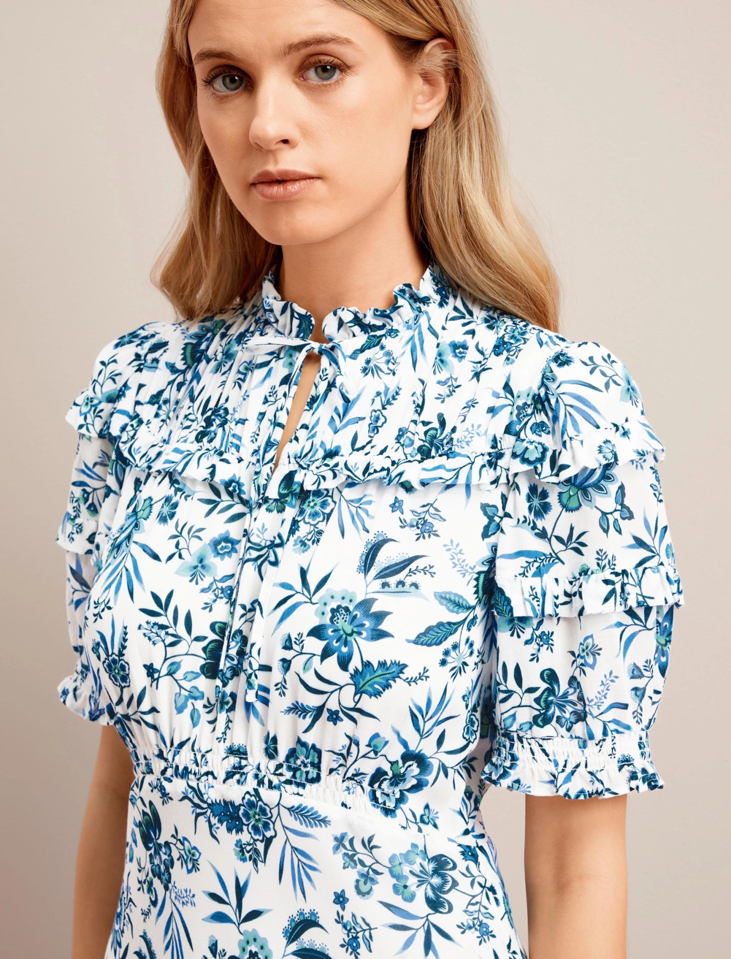 Viola Cotton Blend Bias Cut Maxi Dress - White Blue Palm Floral 4 Viola Cotton Blend Bias Cut Maxi Dress - White Blue Palm Floral - Image 2