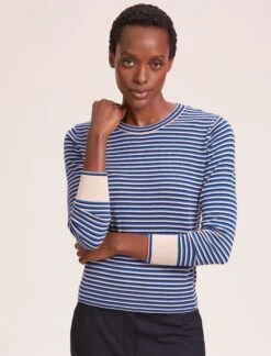 Jodi Cotton Jumper - Navy Blue Beige Stripe -Cheap Closet Curation Store SU24 K139 JODI NAVYBLUEBEIGESTRIPE LS 40656