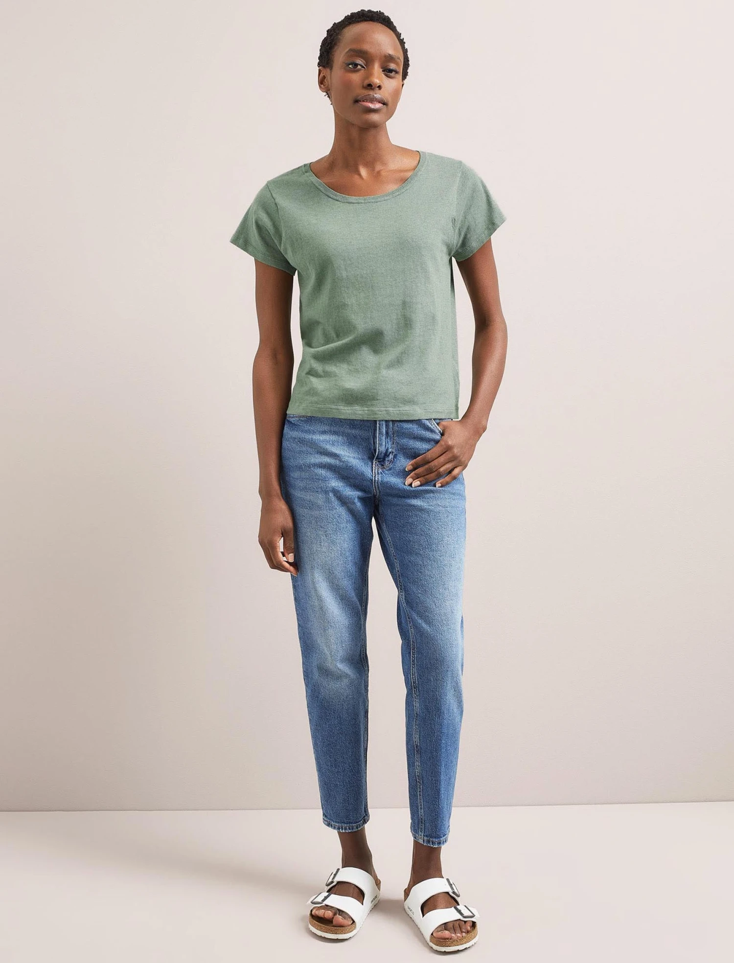 Madison Linen Blend Round Neck Knit T-Shirt - Sage Green 4 Madison Linen Blend Round Neck Knit T-Shirt - Sage Green - Image 2