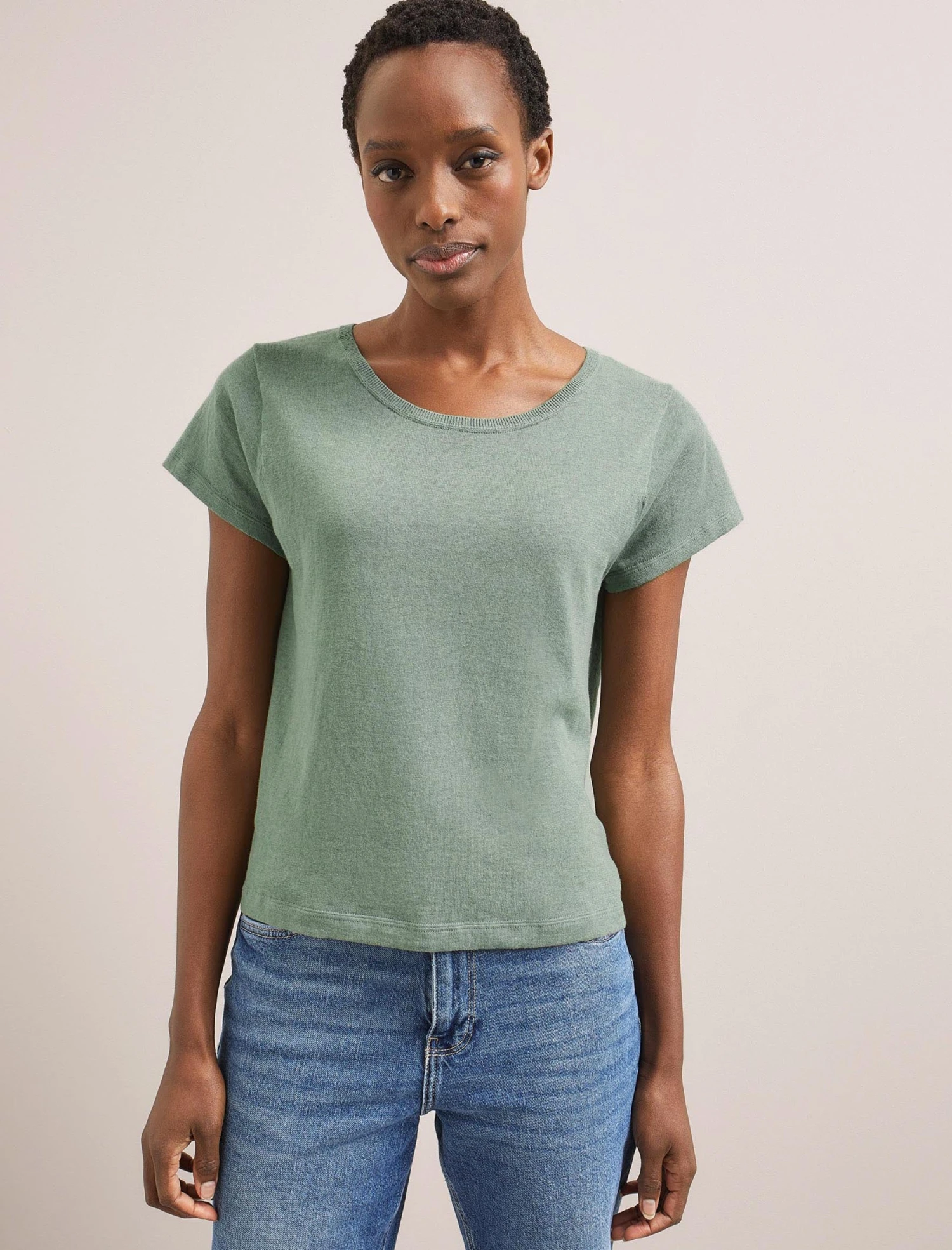 Madison Linen Blend Round Neck Knit T-Shirt - Sage Green 3 Madison Linen Blend Round Neck Knit T-Shirt - Sage Green
