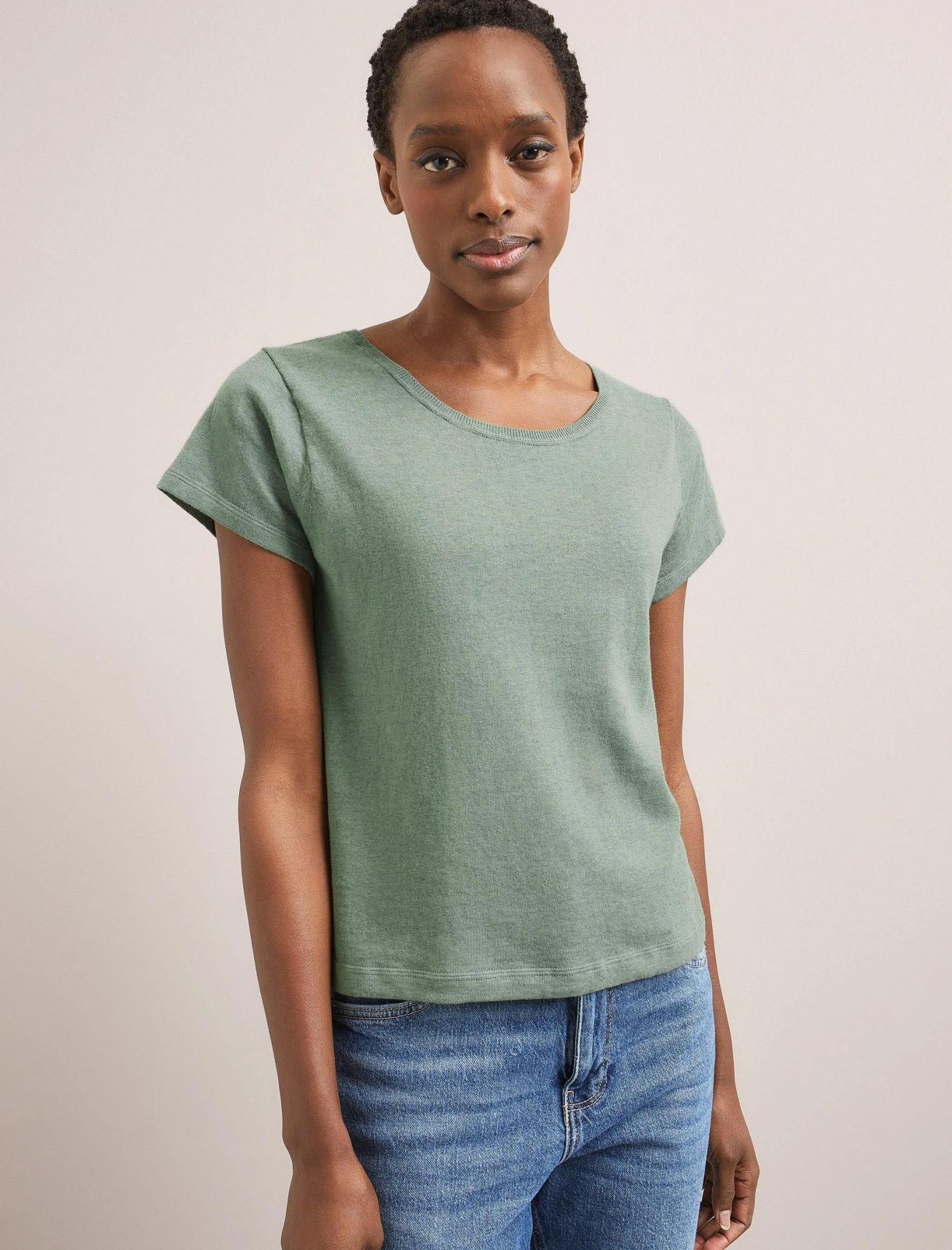 Madison Linen Blend Round Neck Knit T-Shirt - Sage Green 8 Madison Linen Blend Round Neck Knit T-Shirt - Sage Green - Image 6