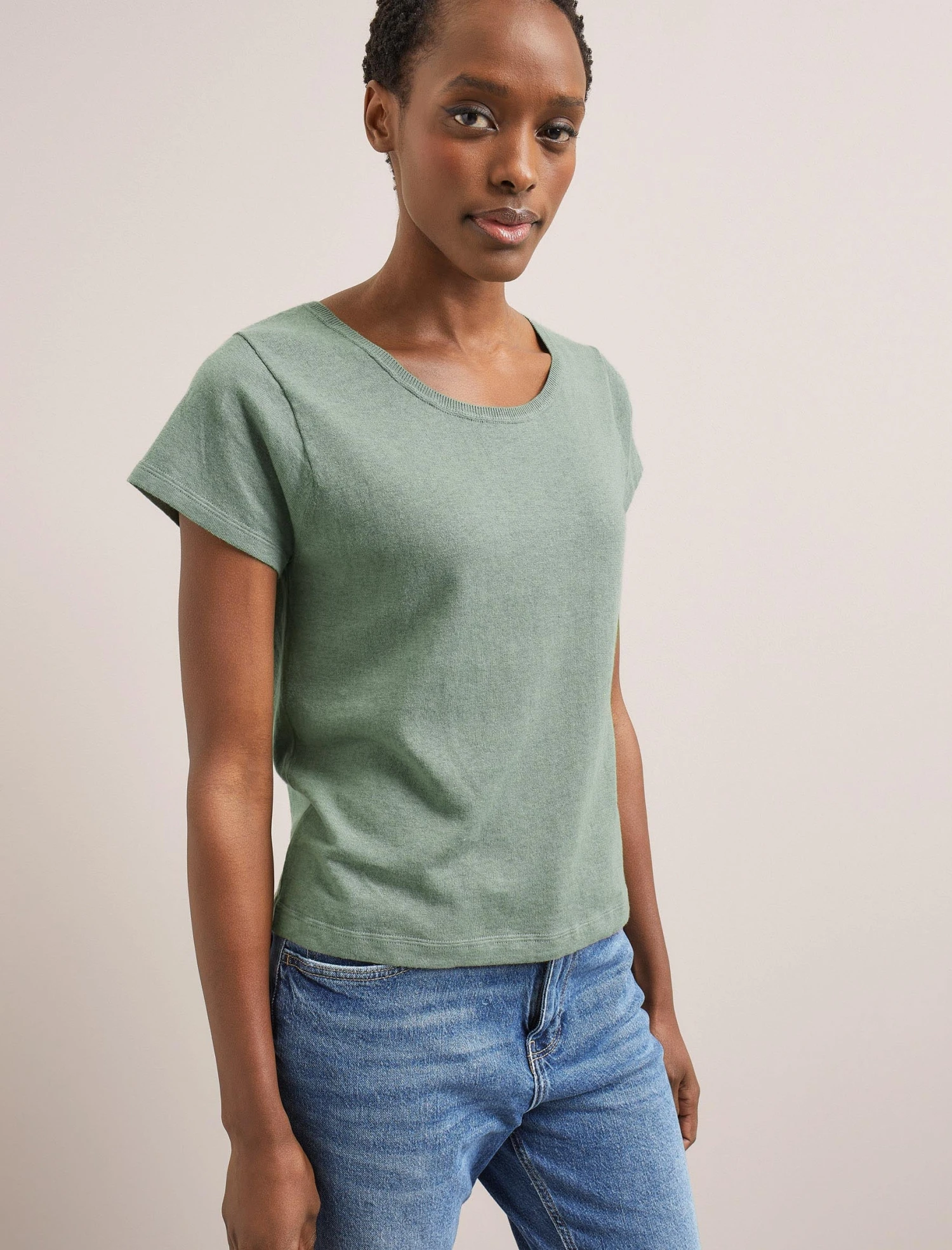 Madison Linen Blend Round Neck Knit T-Shirt - Sage Green 7 Madison Linen Blend Round Neck Knit T-Shirt - Sage Green - Image 5