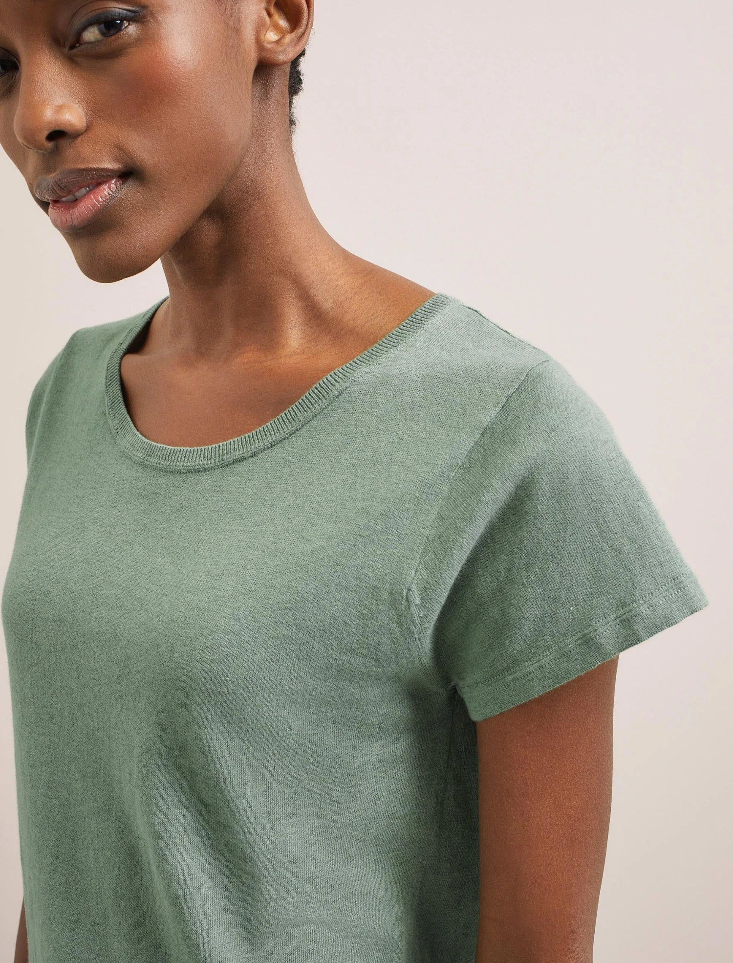 Madison Linen Blend Round Neck Knit T-Shirt - Sage Green 5 Madison Linen Blend Round Neck Knit T-Shirt - Sage Green - Image 3