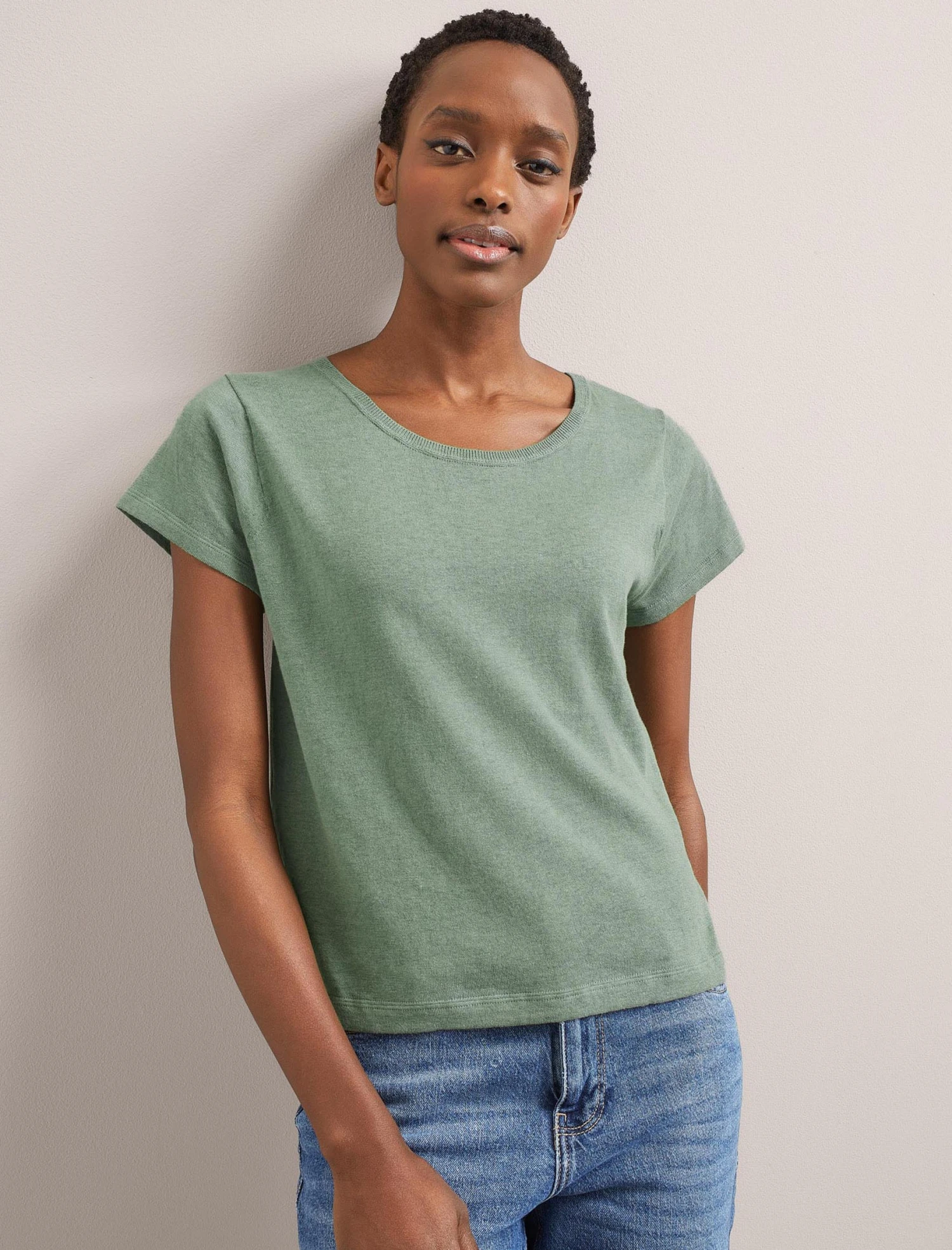 Madison Linen Blend Round Neck Knit T-Shirt - Sage Green 6 Madison Linen Blend Round Neck Knit T-Shirt - Sage Green - Image 4