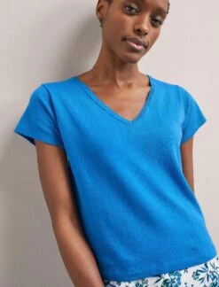 Madison Linen Blend V Neck Knit T-Shirt - Bright Blue -Cheap Closet Curation Store SU24 K187 MADISON BRIGHTBLUE LS 1664