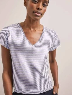 Madison Linen Blend V Neck Knit T-Shirt - White Navy Stripe -Cheap Closet Curation Store SU24 K187 MADISON WHITENAVYSTRIPE LS 2959