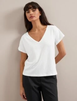 Madison Linen Blend V Neck Knit T-Shirt - White -Cheap Closet Curation Store SU24 K187 MADISON WHITE LS 3606