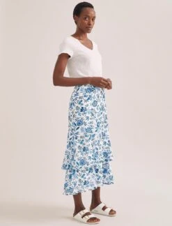 Lotta Cotton Blend Maxi Skirt - White Blue Palm Floral -Cheap Closet Curation Store SU24 SK189 LOTTA WHITEBLUEPALMFLORAL LS 2307
