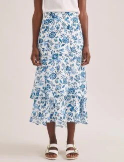 Lotta Cotton Blend Maxi Skirt - White Blue Palm Floral -Cheap Closet Curation Store SU24 SK189 LOTTA WHITEBLUEPALMFLORAL LS 2315