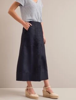 Safia Techni Linen Midi Skirt - Navy -Cheap Closet Curation Store SU24 SK190 SAFIA NAVY LS 25073