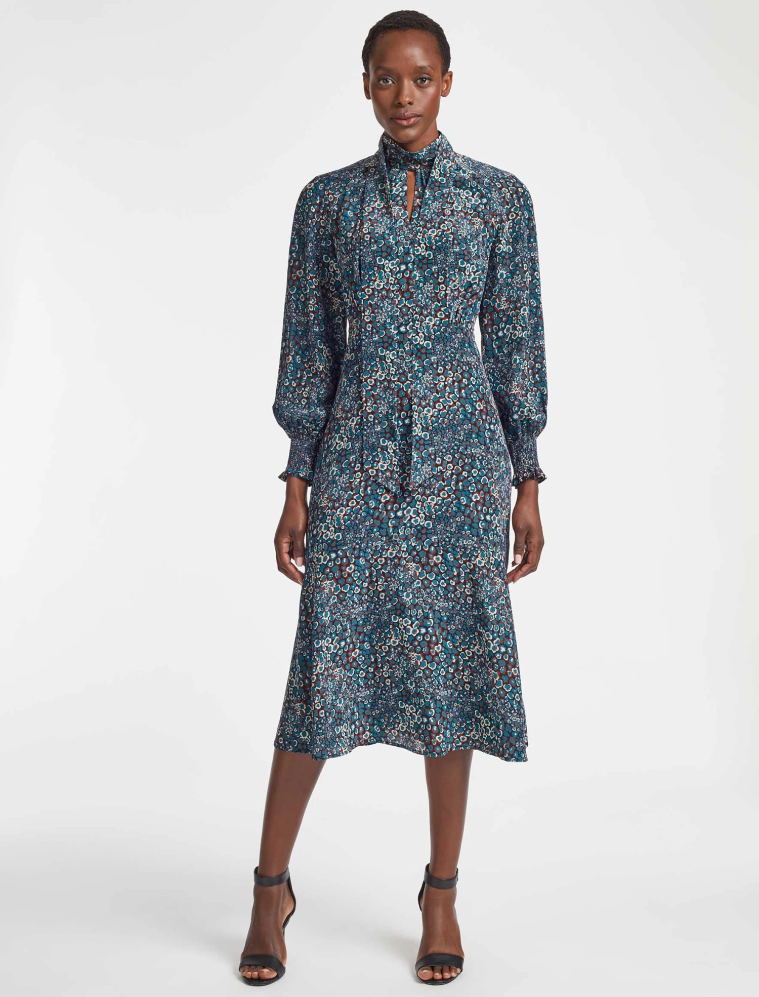 Dakota Silk Midi Dress - Beige Blue Leopard Pansy Print 3 Dakota Silk Midi Dress - Beige Blue Leopard Pansy Print