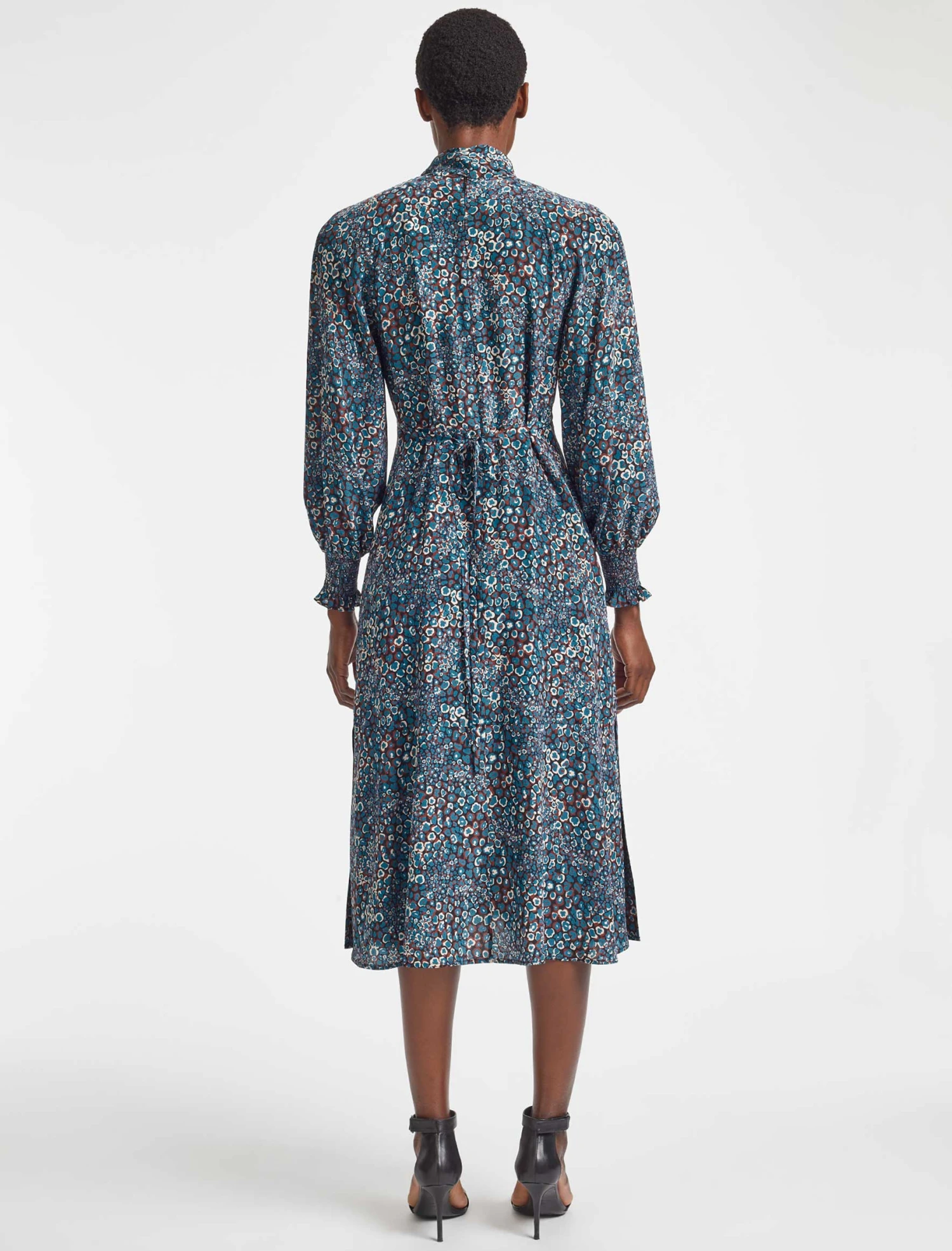 Dakota Silk Midi Dress - Beige Blue Leopard Pansy Print 8 Dakota Silk Midi Dress - Beige Blue Leopard Pansy Print - Image 6