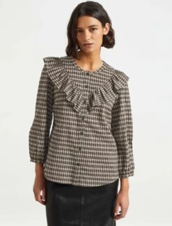 Nessa Long Sleeve Frill Cotton Seersucker Blouse - Black/Cream Check