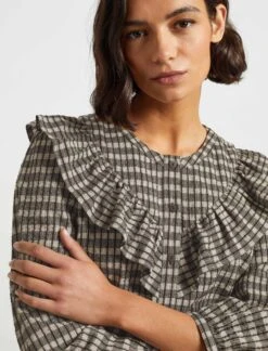 Nessa Long Sleeve Frill Cotton Seersucker Blouse - Black/Cream Check -Cheap Closet Curation Store WI21 S47 NESSA BLACK CREAM LS 1286
