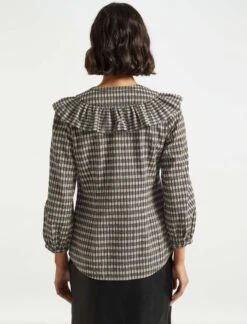 Nessa Long Sleeve Frill Cotton Seersucker Blouse - Black/Cream Check -Cheap Closet Curation Store WI21 S47 NESSA BLACK CREAM LS 1290