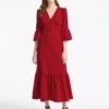 Daphne Pin Corduroy V Neck Maxi Dress - Red -Cheap Closet Curation Store WI22 D390 DAPHNE V NECK RED LS 0697