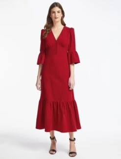 Daphne Pin Corduroy V Neck Maxi Dress - Red