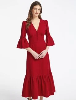 Daphne Pin Corduroy V Neck Maxi Dress - Red -Cheap Closet Curation Store WI22 D390 DAPHNE V NECK RED LS 0718