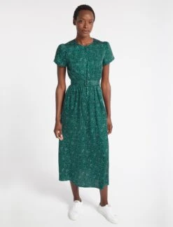 Nina Maxi Dress With Belt - Green White Wiggle Print
