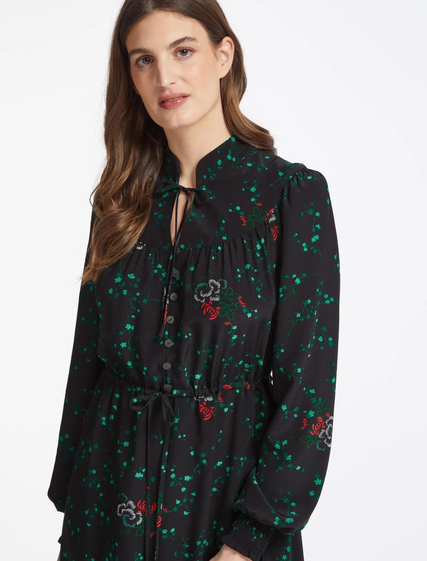 Zahra Silk Drawstring Maxi Dress - Black Lotus Print 4 Zahra Silk Drawstring Maxi Dress - Black Lotus Print - Image 2