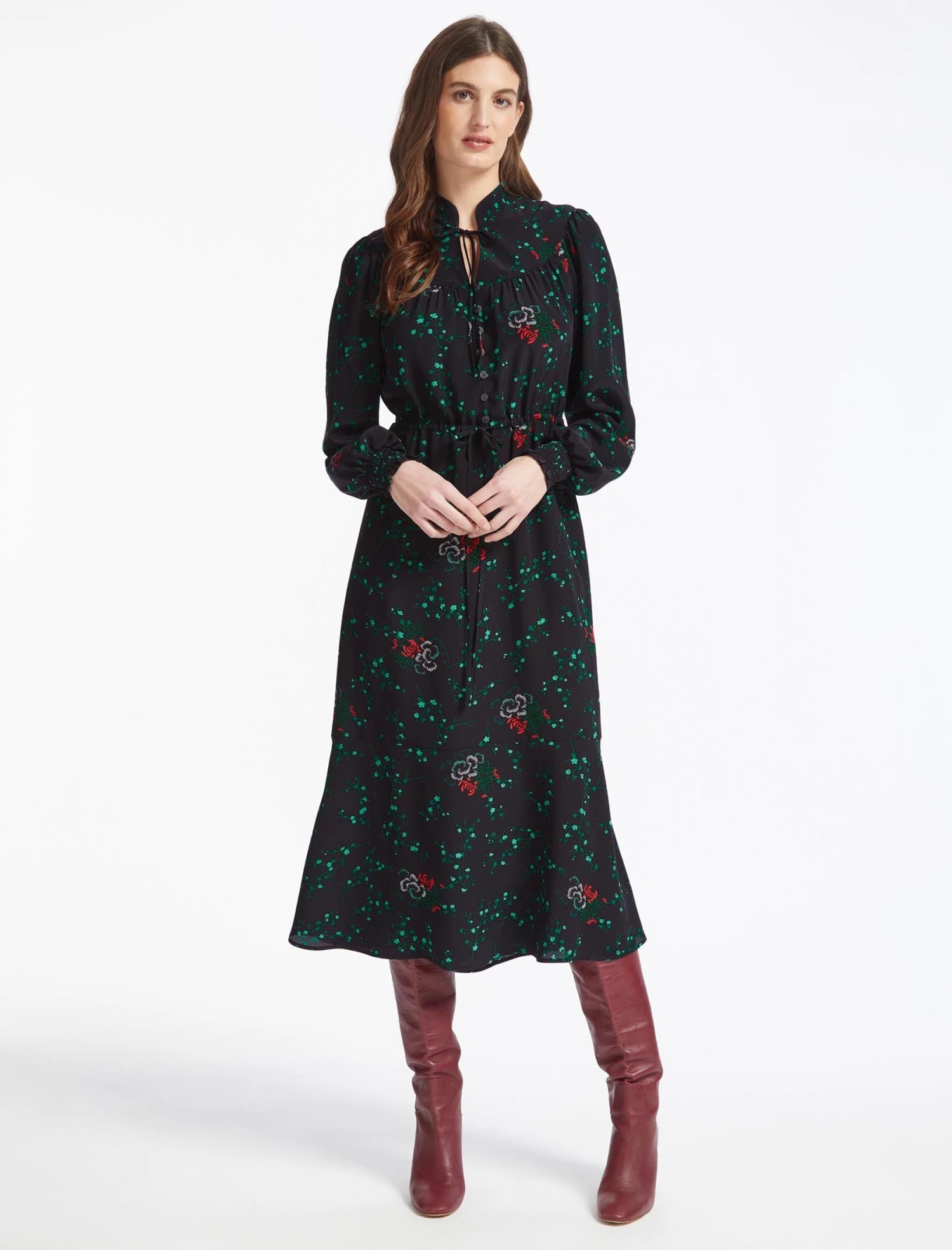 Zahra Silk Drawstring Maxi Dress - Black Lotus Print 5 Zahra Silk Drawstring Maxi Dress - Black Lotus Print - Image 3