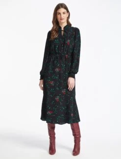 Zahra Silk Drawstring Maxi Dress - Black Lotus Print