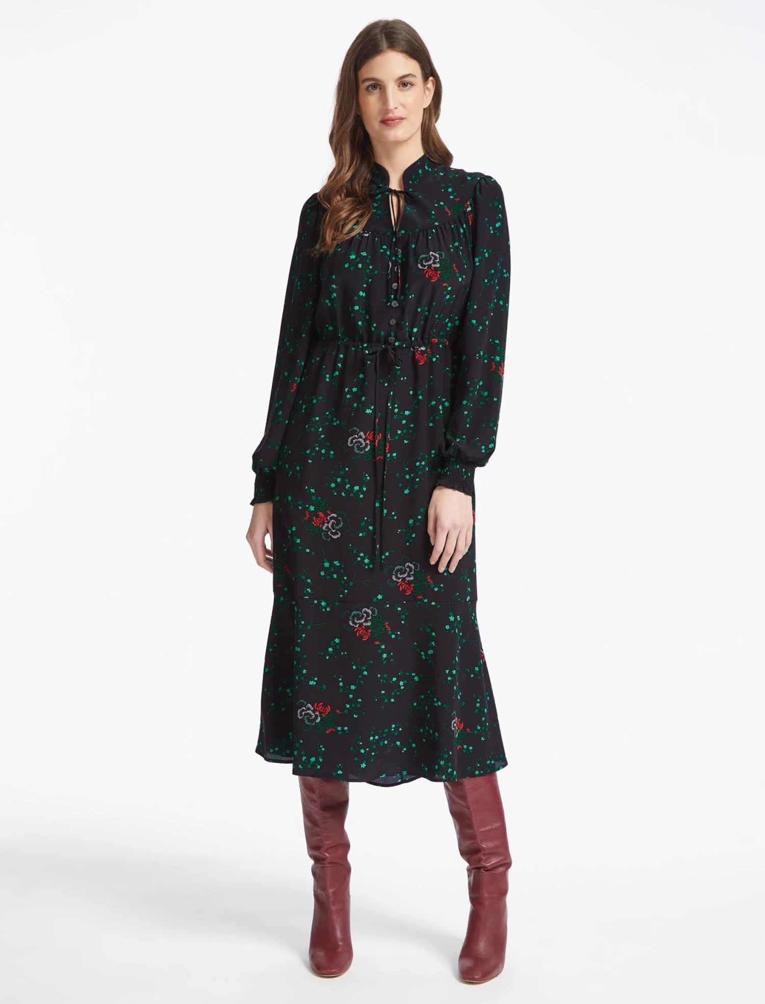 Zahra Silk Drawstring Maxi Dress - Black Lotus Print 3 Zahra Silk Drawstring Maxi Dress - Black Lotus Print