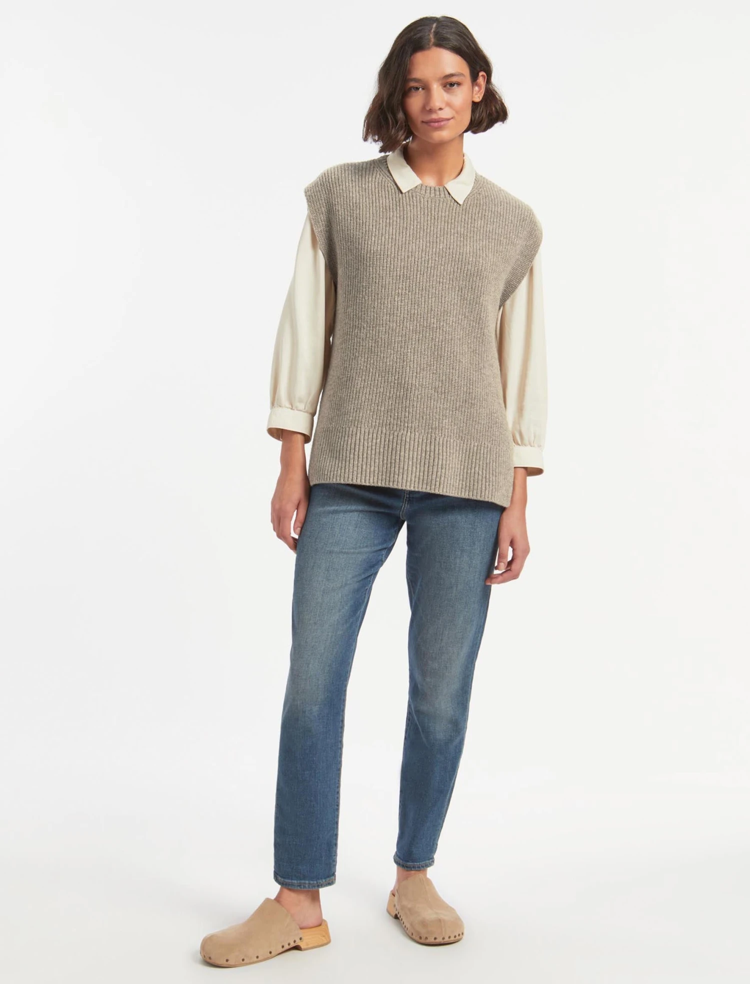 Janice Wool Round Neck Sleeveless Jumper - Taupe 4 Janice Wool Round Neck Sleeveless Jumper - Taupe - Image 2