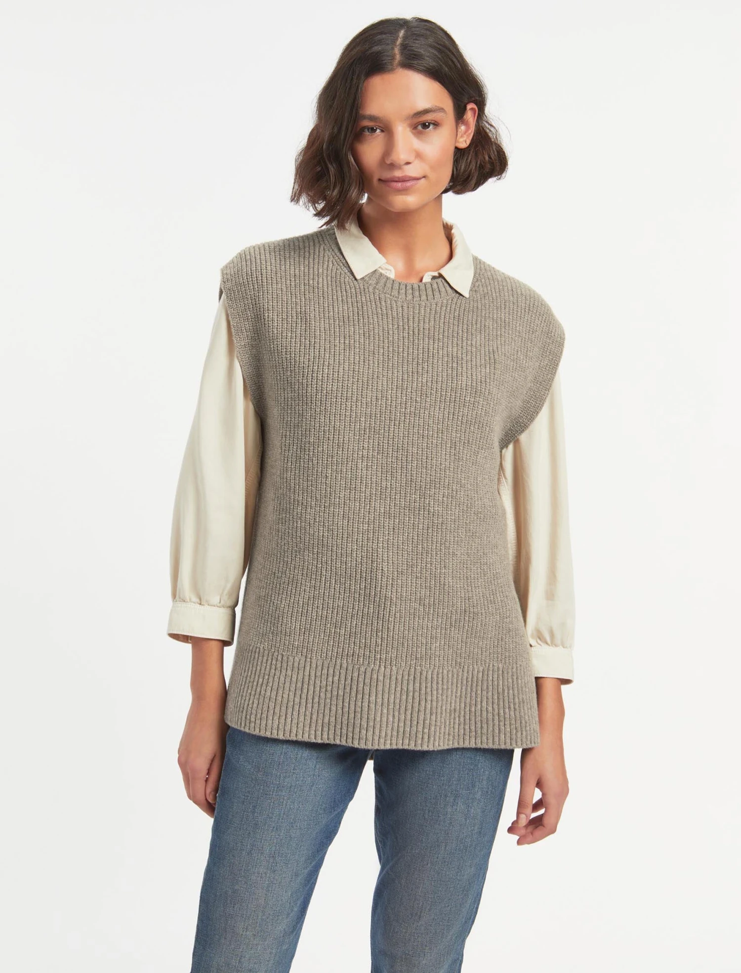 Janice Wool Round Neck Sleeveless Jumper - Taupe 5 Janice Wool Round Neck Sleeveless Jumper - Taupe - Image 3