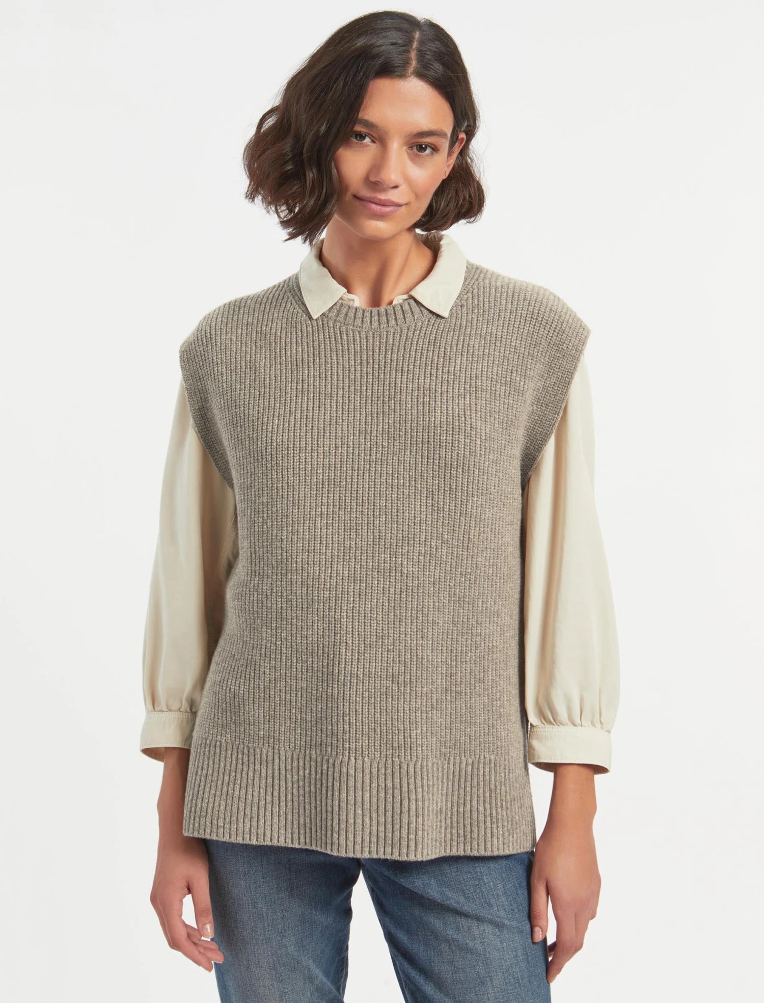 Janice Wool Round Neck Sleeveless Jumper - Taupe 3 Janice Wool Round Neck Sleeveless Jumper - Taupe