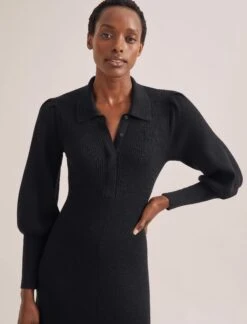 Eva Merino Wool Collared Knit Maxi Dress - Black -Cheap Closet Curation Store WI23 D574 EVA BLACK LS 1978