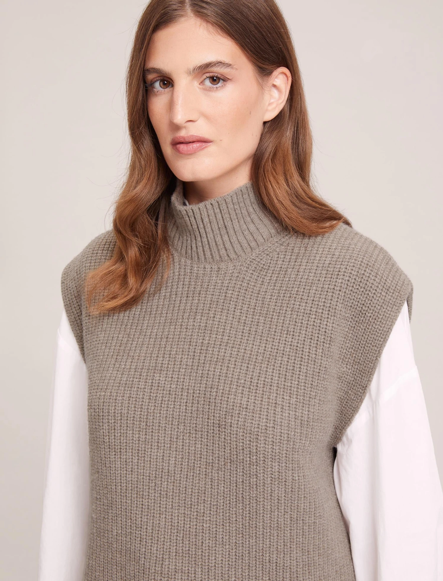 Janice Cashmere Blend Funnel Neck Sleeveless Jumper - Taupe 4 Janice Cashmere Blend Funnel Neck Sleeveless Jumper - Taupe - Image 2