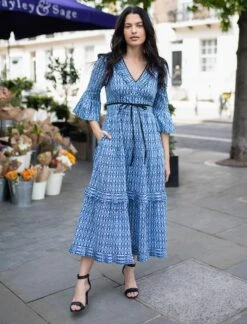 Cordelia Organic Cotton Maxi Dress - Light Blue Geo Star Print